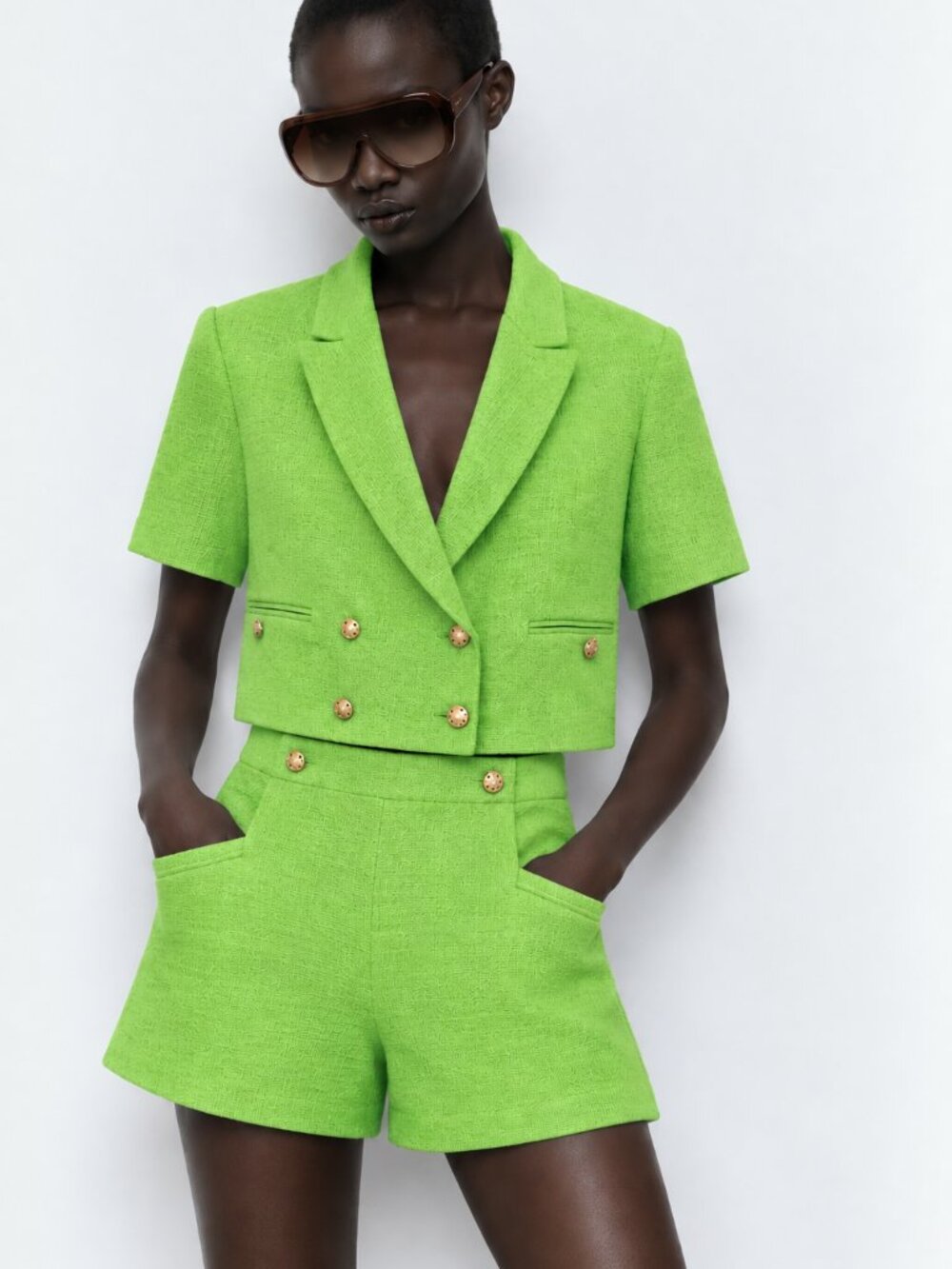 Zara Set Lime Green Textured Cropped Blazer + High-Waist Shorts — Size M